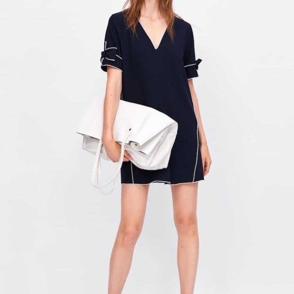 ZARA small Dress Bow Sleeves Navy Blue White Trim